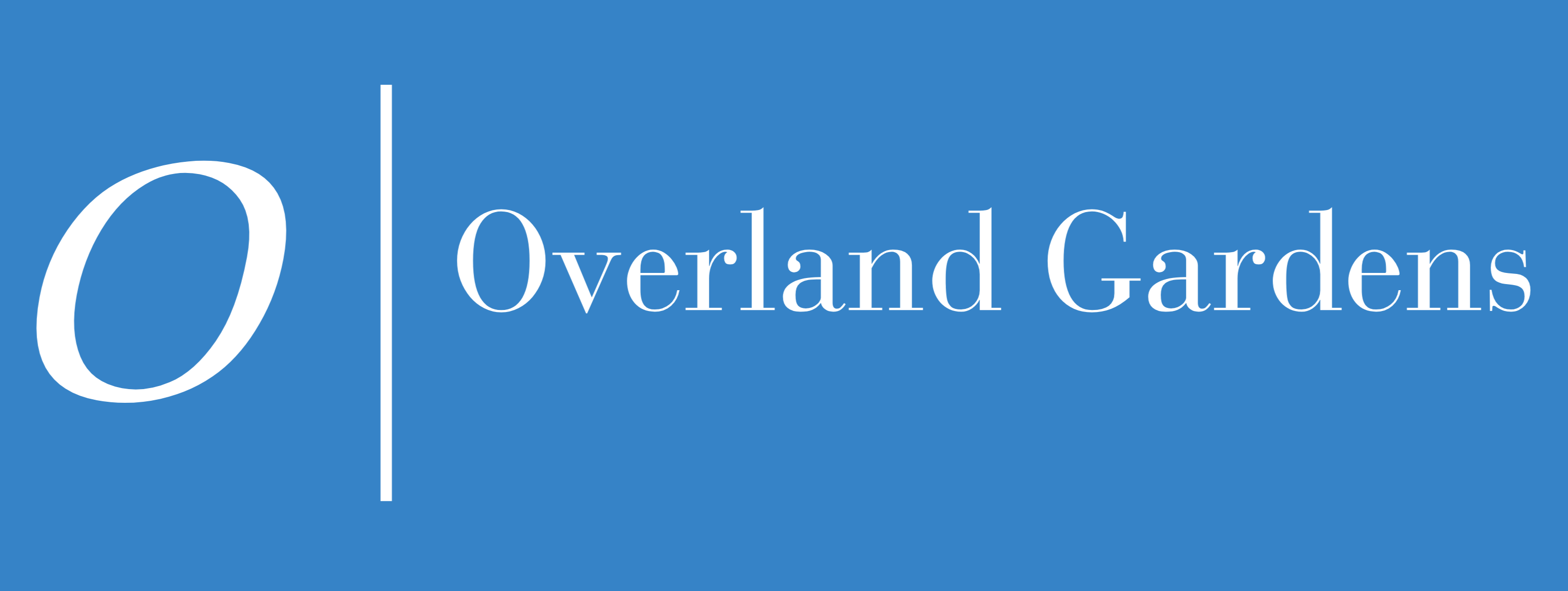 A blue sign with the word Overland Gardens on it.